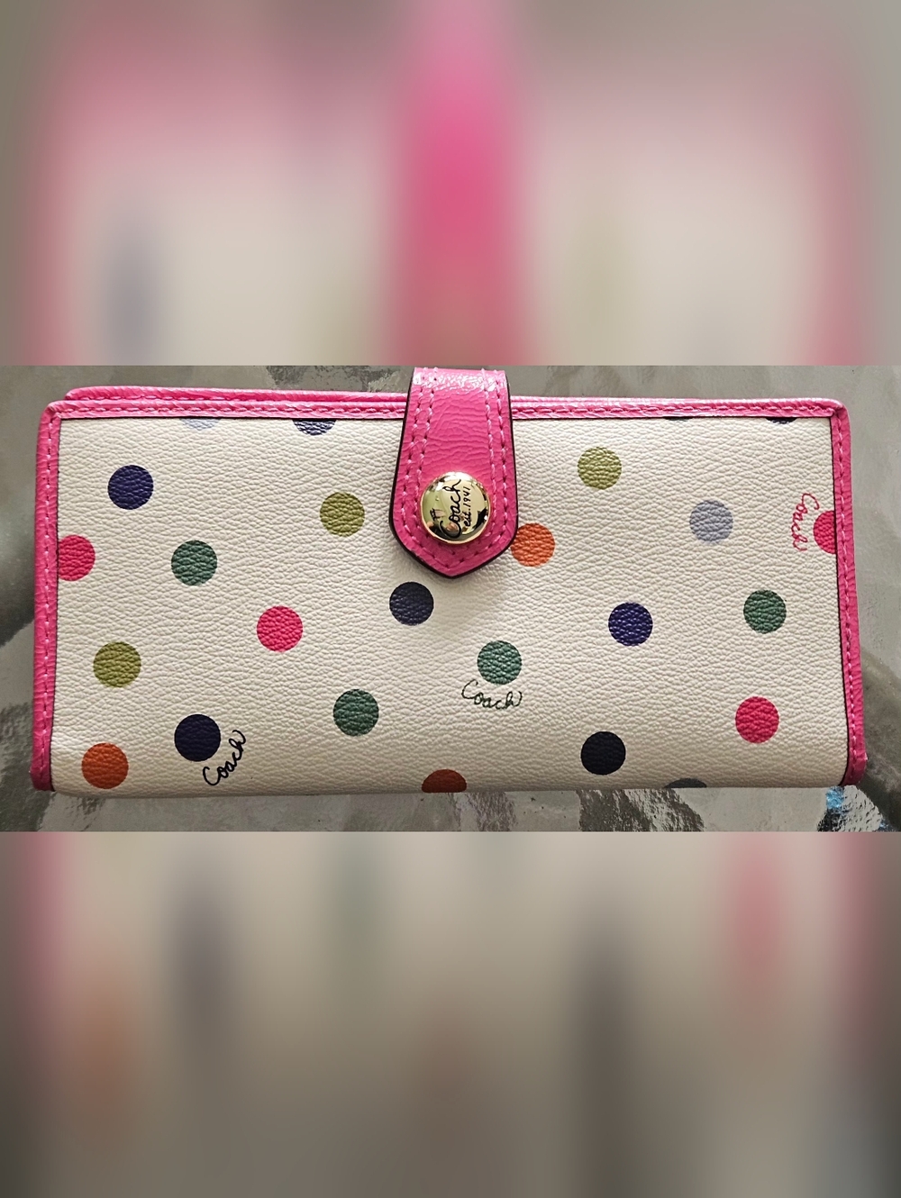 Coach White Multicolor Polka Dot Wallet with Pink Trim